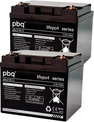 Pack de deux batteries pbq LF LiFePO4 40 Ah et chargeur 8 amp. pour scooter électrique PMR senior, handicapé ou personne âgée