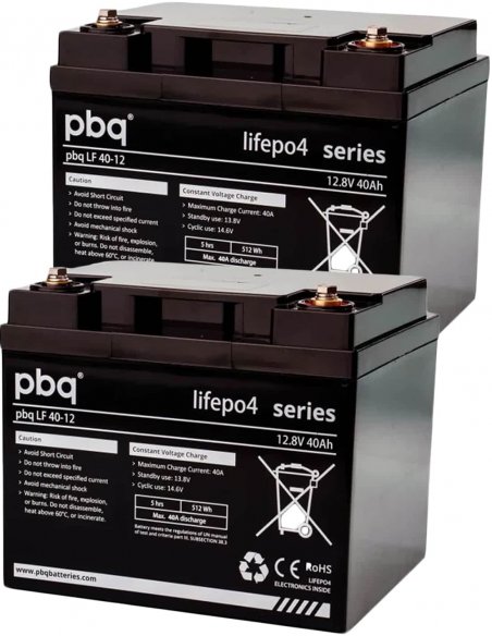 Pack de deux batteries pbq LF LiFePO4 40 Ah et chargeur 8 amp. pour scooter électrique PMR senior, handicapé ou personne âgée