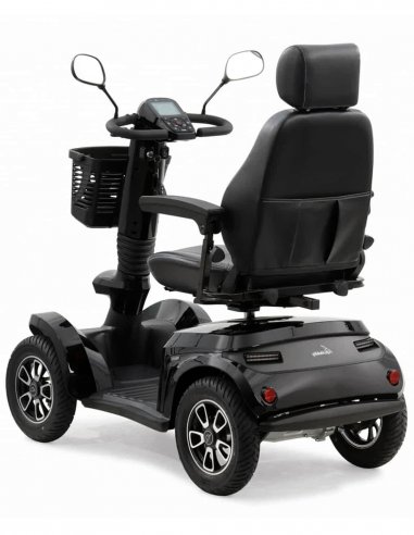 Vue 3/4 arrière droite du scooter électrique handicapé PMR Life & Mobility Presto S en noir