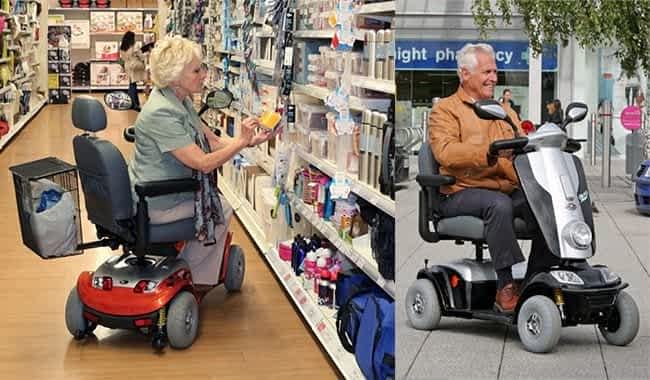 Le scooter rétro pour senior & handicapé Kymco Midi XL dans un magasin et sur un trottoir