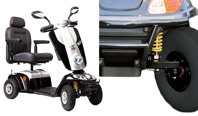 Scooter médical Kymco Midi XL en noir, de face et en biais