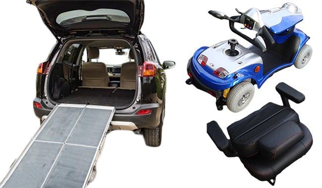 Scooter électrique pour senior et handicapé Kymco Midi XL démonté avec une voiture muni d’une rampe