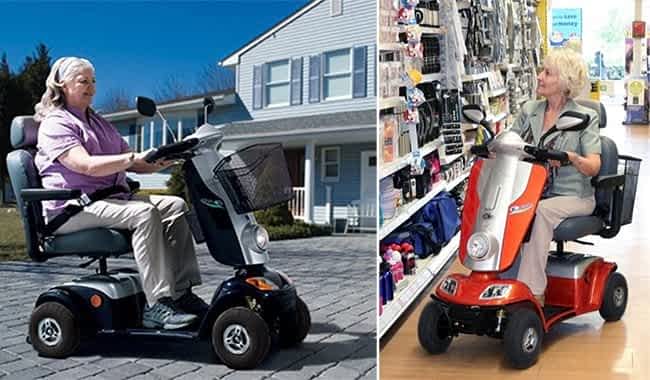 Scooter pour senior ou PMR Kymco Midi XL devant une maison et dans un magasin