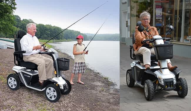 Pêcheur et dame en ville sur un scooter pour senior et handicapé Pride XL 140